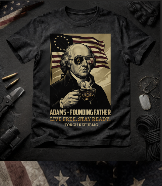 Adams Founding Father Graphic Tee — "Live Free, Stay Ready" Patriotic Men's T‑Shirt