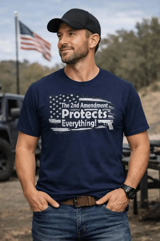 2nd Amendment T-Shirt — "The 2nd Amendment Protects Everything" Patriotic Flag Gun Tee - LiberTees for All